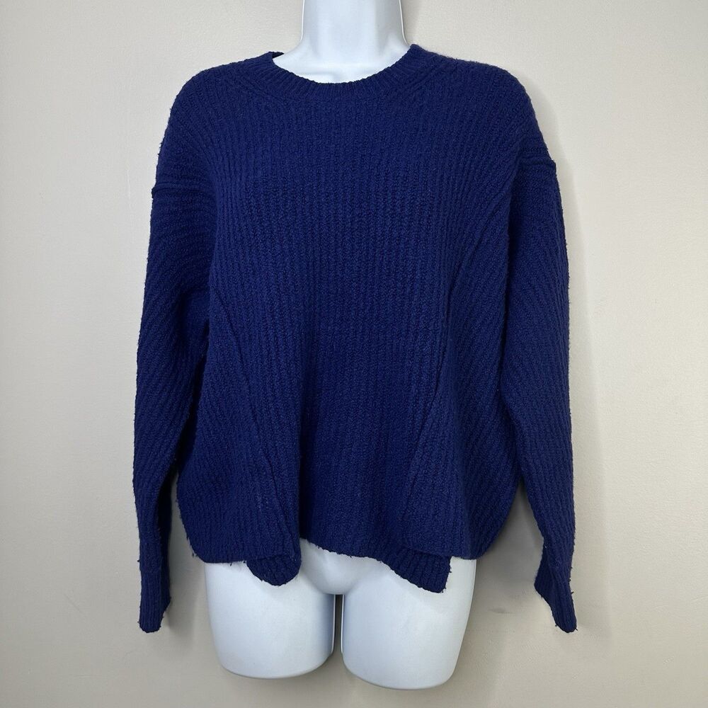 VINCE Sweater Overlap Panel Women's Size Small Blue Wool Blend Ribbed Quiet Luxe